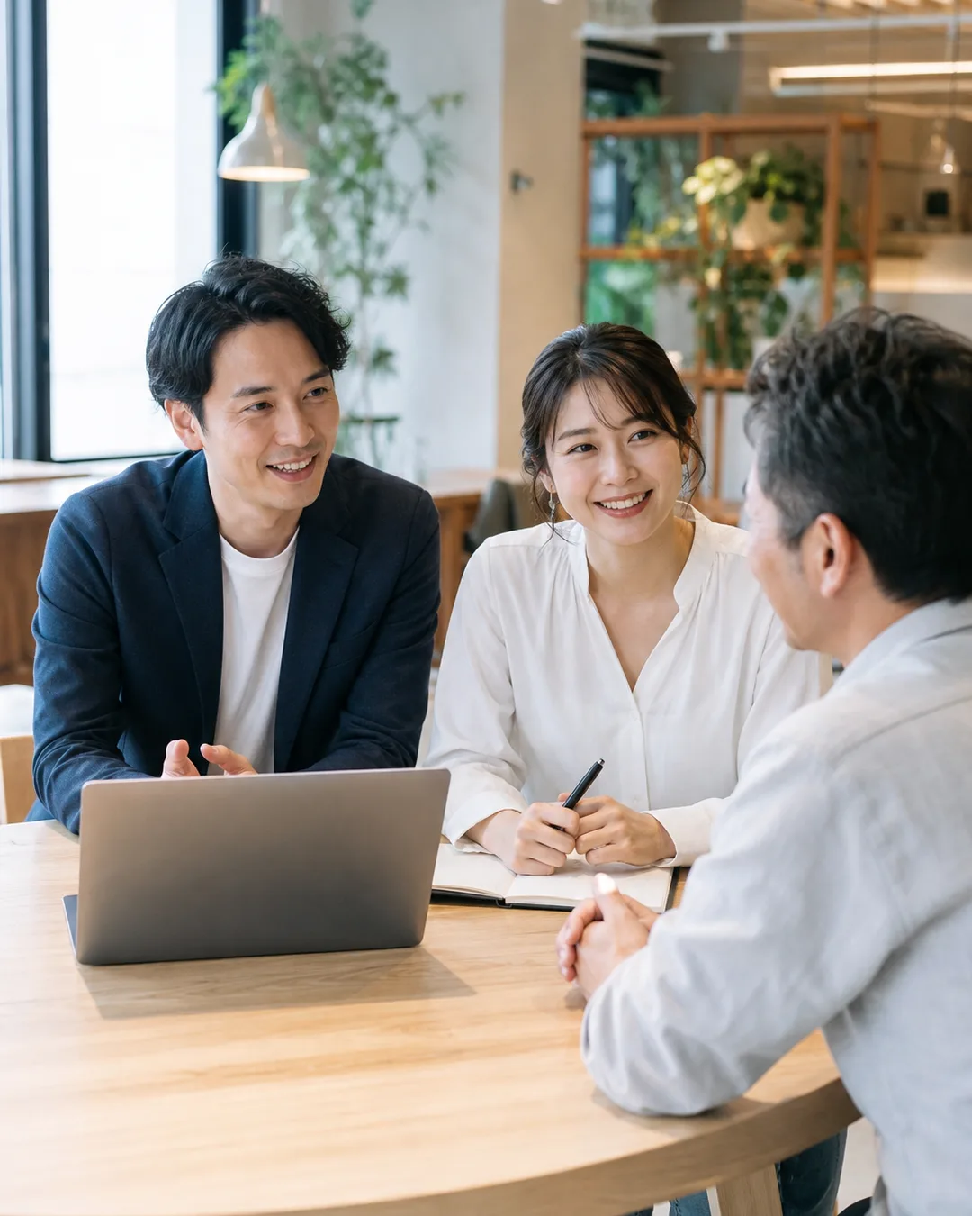 AIに詳しい顧問が中小企業の社長のとなりに座って相談に乗っている
