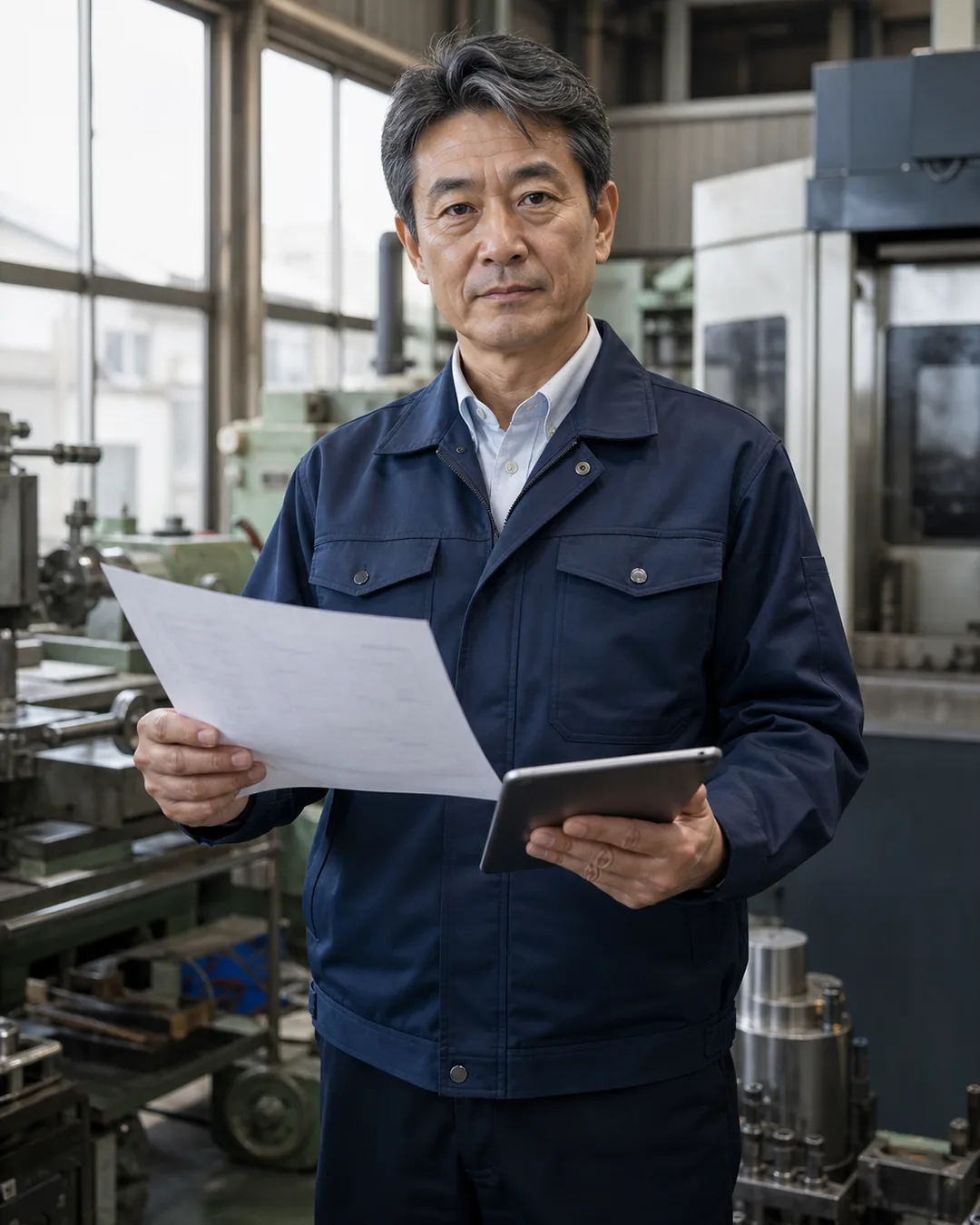 製造業の工場で見積書を手にする社長