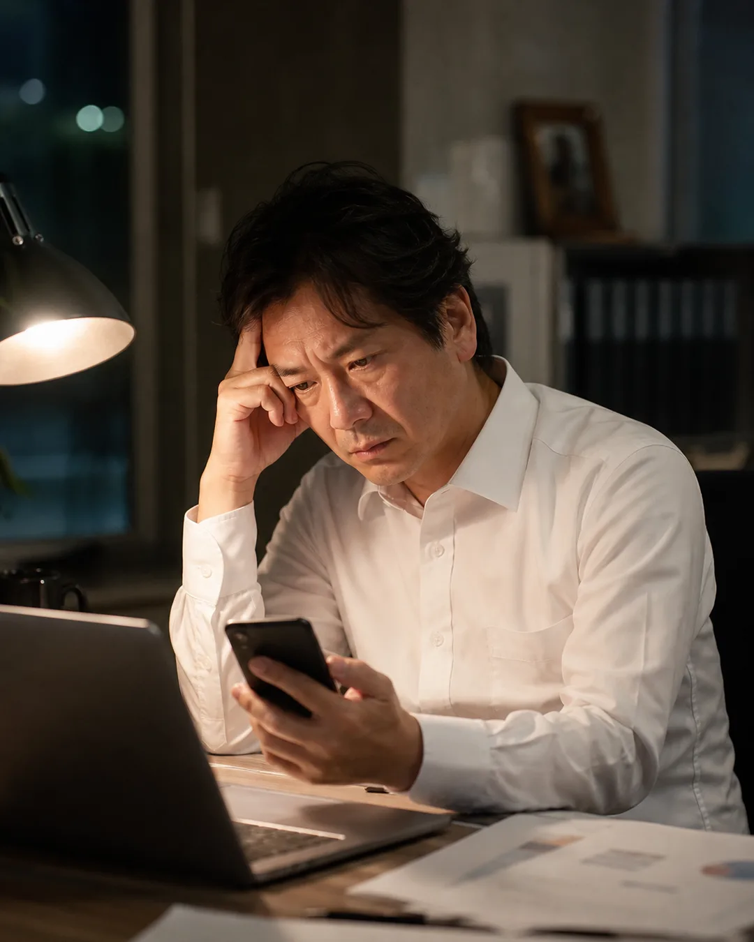 夜のオフィスで一人考え込む中小企業の社長